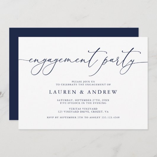 Uitnodiging van de Navy Blue Minimalist Engagement (Voorkant / Achterkant)