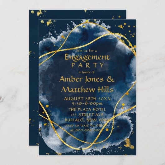Uitnodiging van de Navy Blue Paint Gold Engagement (Voorkant / Achterkant)