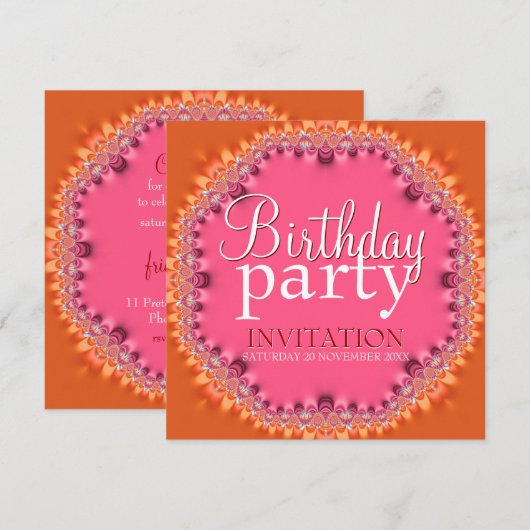 uitnodiging van de Oranje roze partij van Birthda (Voorkant / Achterkant)