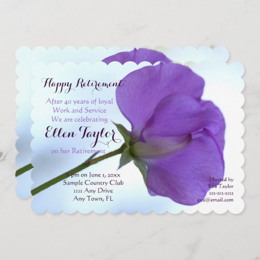 Uitnodiging van de Paarse partij Sweet Pea (Voorkant / Achterkant)