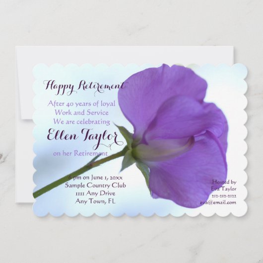 Uitnodiging van de Paarse partij Sweet Pea (Voorkant)