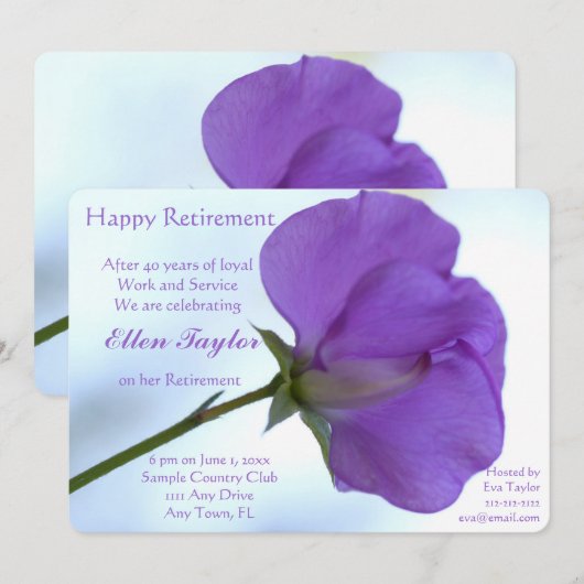 Uitnodiging van de Paarse partij Sweet Pea (Voorkant / Achterkant)