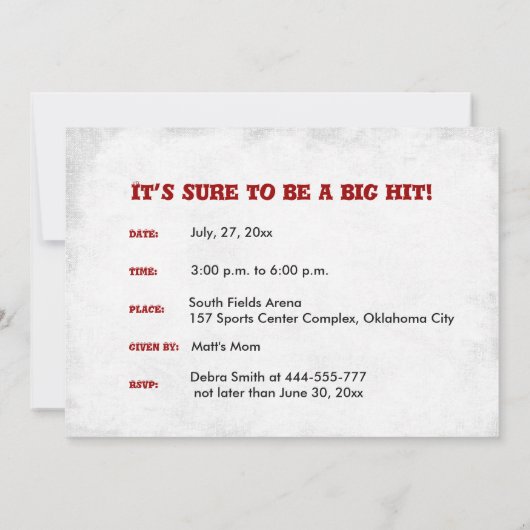 Uitnodiging van de partij Baseball Thema Birthday (Achterkant)