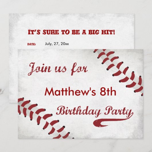 Uitnodiging van de partij Baseball Thema Birthday (Voorkant / Achterkant)