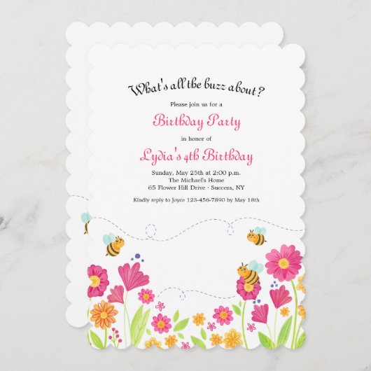 Uitnodiging van de partij Bee Spring Birthday (Voorkant / Achterkant)