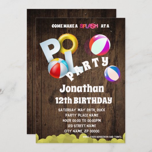 uitnodiging van de partij Birthday Pool (Voorkant / Achterkant)