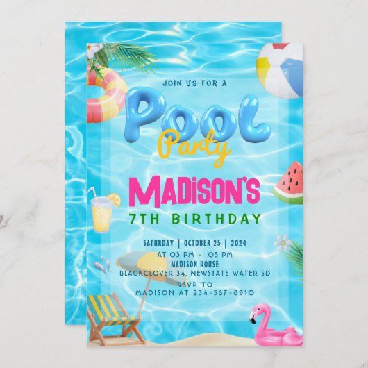 uitnodiging van de partij Birthday Pool (Voorkant / Achterkant)