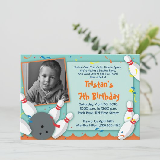 Uitnodiging van de partij "Bowled Over" - jongens (Staand voorkant)