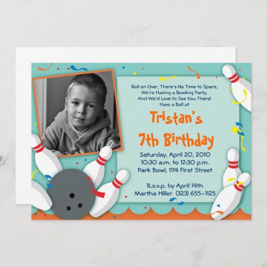 Uitnodiging van de partij "Bowled Over" - jongens (Voorkant / Achterkant)