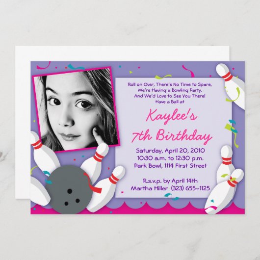Uitnodiging van de partij "Bowled Over" - Meisjes (Voorkant / Achterkant)