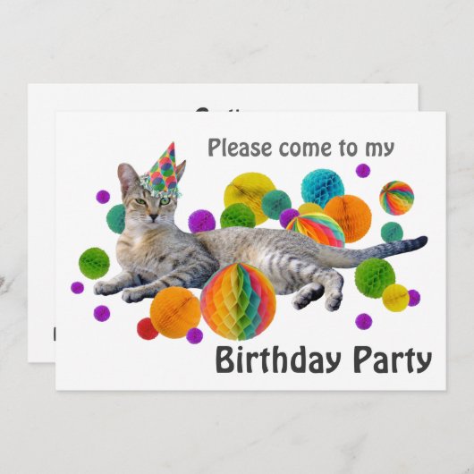 Uitnodiging van de partij Cat Birthday (Voorkant / Achterkant)