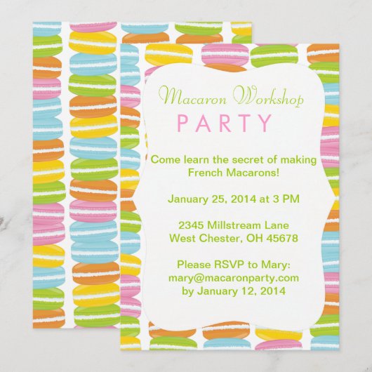 Uitnodiging van de partij Colorful Macarons (Voorkant / Achterkant)