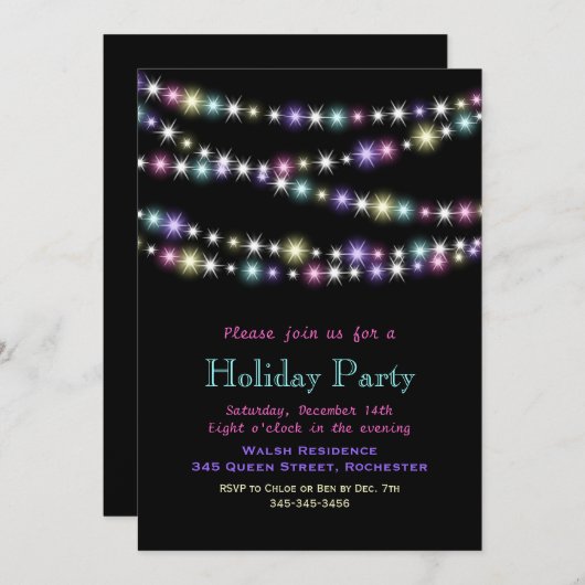 Uitnodiging van de partij Colorful Twinkle Lights (Voorkant / Achterkant)