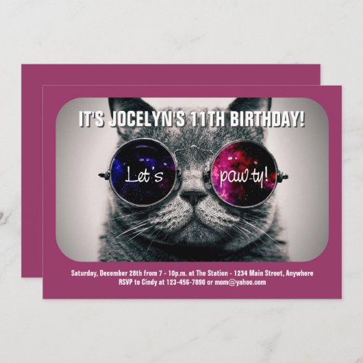 Uitnodiging van de partij Cool Cat Birthday (Voorkant / Achterkant)