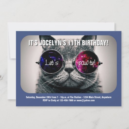 Uitnodiging van de partij Cool Cat Birthday (Voorkant)