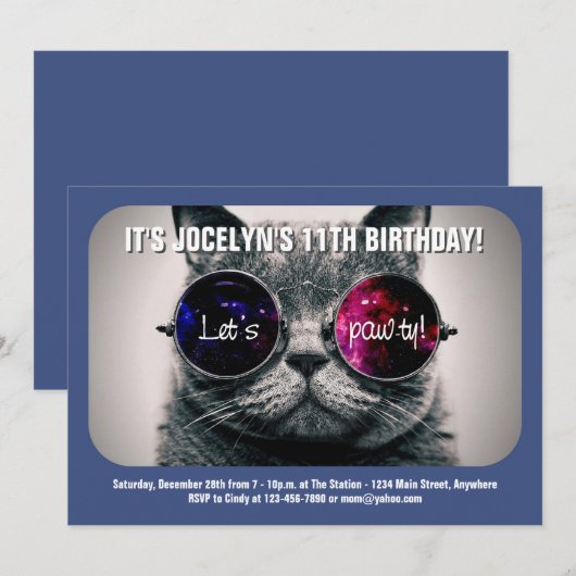 Uitnodiging van de partij Cool Cat Birthday (Voorkant / Achterkant)
