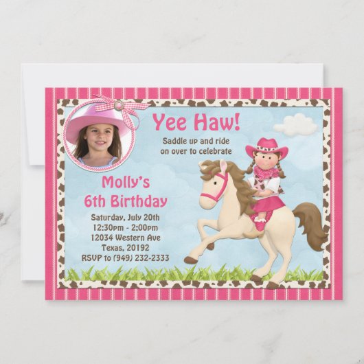 Uitnodiging van de partij Cowgirl Horse Birthday (Voorkant)
