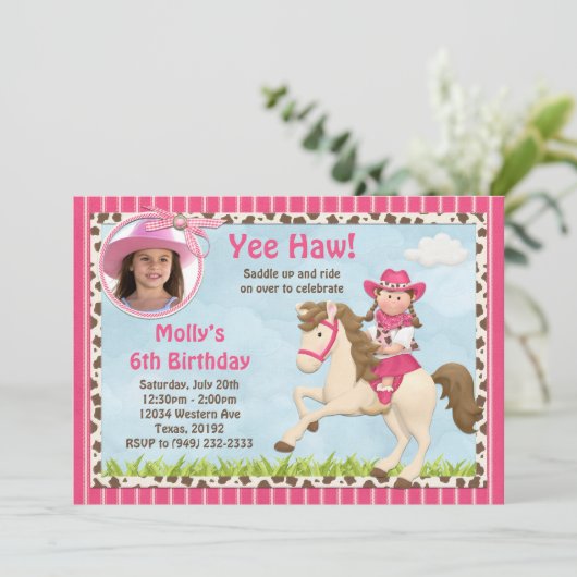 Uitnodiging van de partij Cowgirl Horse Birthday (Staand voorkant)