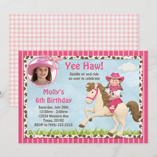 Uitnodiging van de partij Cowgirl Horse Birthday (Voorkant / Achterkant)