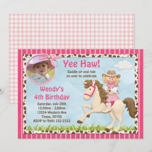 Uitnodiging van de partij Cowgirl Horse Birthday (Voorkant / Achterkant)