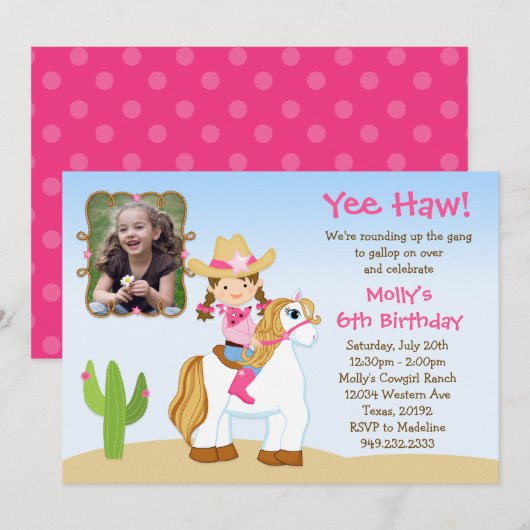 Uitnodiging van de partij Cowgirl Horse Birthday (Voorkant / Achterkant)