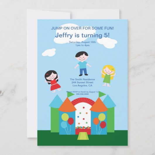 Uitnodiging van de partij Cute Bounce House Birthd (Voorkant)