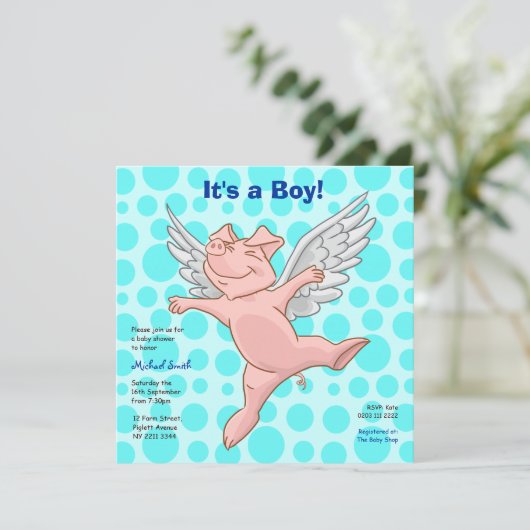 Uitnodiging van de partij Cute Flying Pig Baby sho (Staand voorkant)