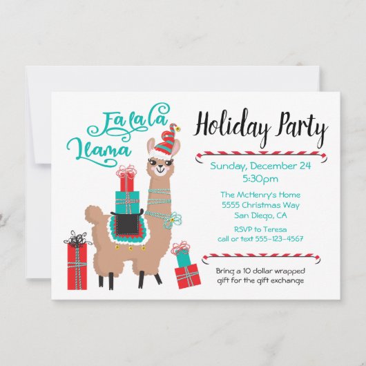 Uitnodiging van de partij Fa la Llama Holiday (Voorkant)