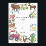 Uitnodiging van de partij Farmyard Friends<br><div class="desc">Farmyard Friends 1 - Cow hoek mooie feestelijke uitnodiging voor de verjaardag van een jong kind, een fan van boerderijen en landbouwhuisdieren. Met een koe in de linkerbovenhoek is er een tweede versie met een grenspoel in de linkerbovenhoek. Naast een biggetje, Clydesdale paard, eenden, rooster, tractor, laarzen, kruiwagen, schapen en...</div>
