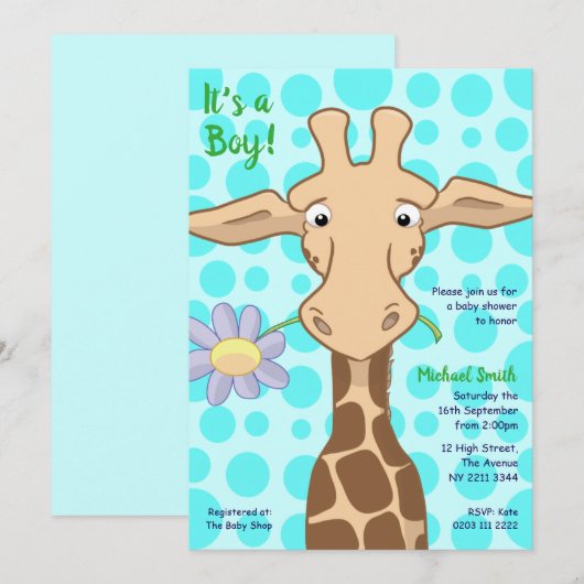 Uitnodiging van de partij Giraffe Baby shower (Voorkant / Achterkant)