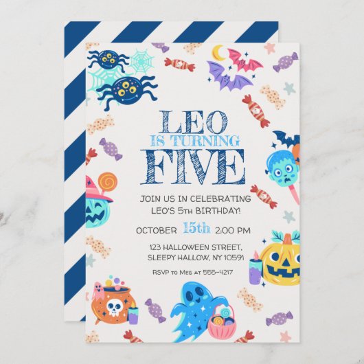 Uitnodiging van de partij Halloween Birthday van k (Voorkant / Achterkant)