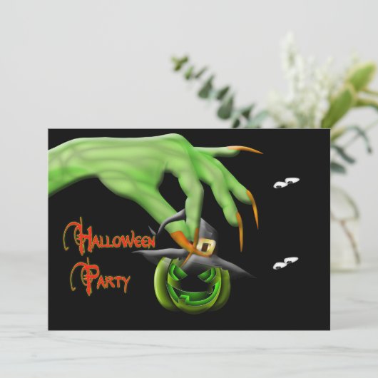 Uitnodiging van de partij Halloween - Groene heks (Staand voorkant)