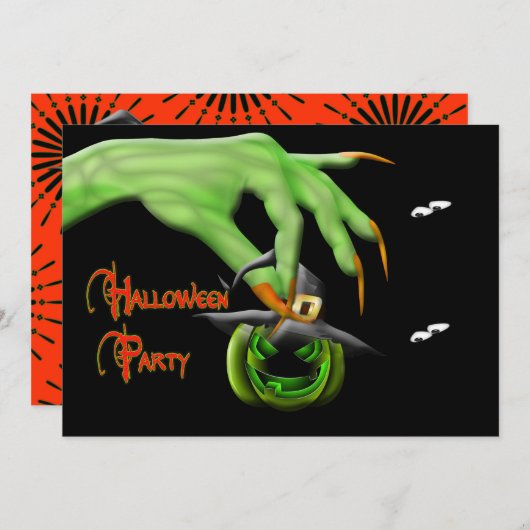 Uitnodiging van de partij Halloween - Groene heks  (Voorkant / Achterkant)