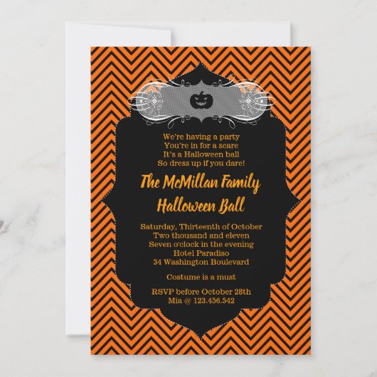 Uitnodiging van de partij Halloween Masquerade Bal (Voorkant)