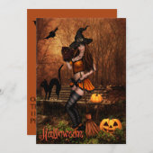 Uitnodiging van de partij Halloween met heks (Voorkant / Achterkant)