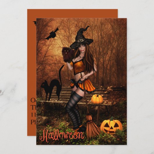 Uitnodiging van de partij Halloween met heks (Voorkant / Achterkant)