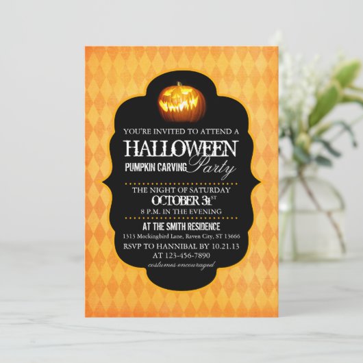 Uitnodiging van de partij Halloween Pumpkin Carvin (Staand voorkant)