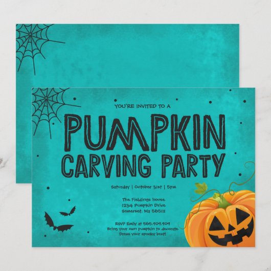 Uitnodiging van de partij Halloween Pumpkin Carvin (Voorkant / Achterkant)