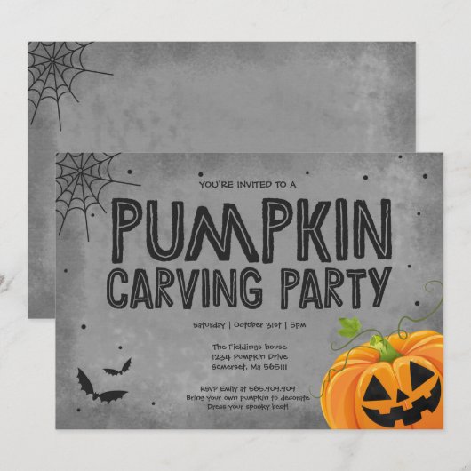 Uitnodiging van de partij Halloween Pumpkin Carvin (Voorkant / Achterkant)