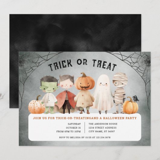 Uitnodiging van de partij Halloween Trick or treat (Voorkant / Achterkant)