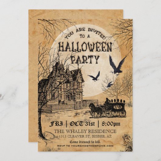 Uitnodiging van de partij Haunted House Halloween (Voorkant / Achterkant)