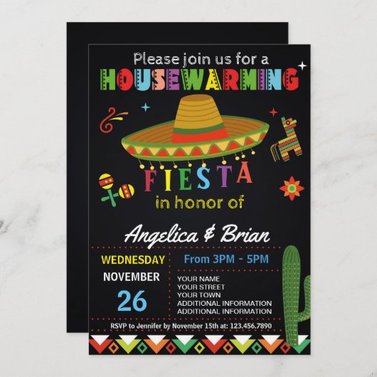 Uitnodiging van de partij Housewarming Fiesta (Voorkant / Achterkant)