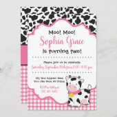 uitnodiging van de partij Kow Birthday | Roze en z (Voorkant / Achterkant)