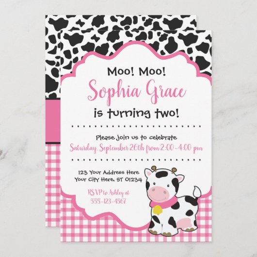 uitnodiging van de partij Kow Birthday | Roze en z (Voorkant / Achterkant)