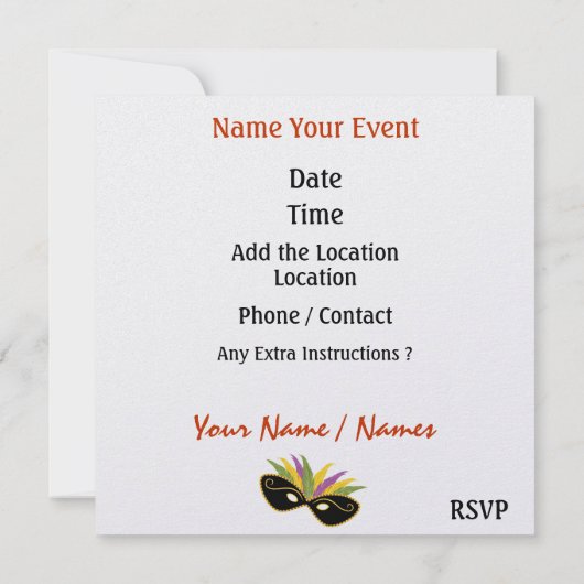 Uitnodiging van de partij Mardi Gras Costume door  (Achterkant)