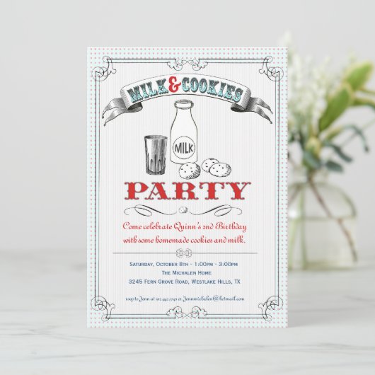 Uitnodiging van de partij Melk en Cookies (Staand voorkant)
