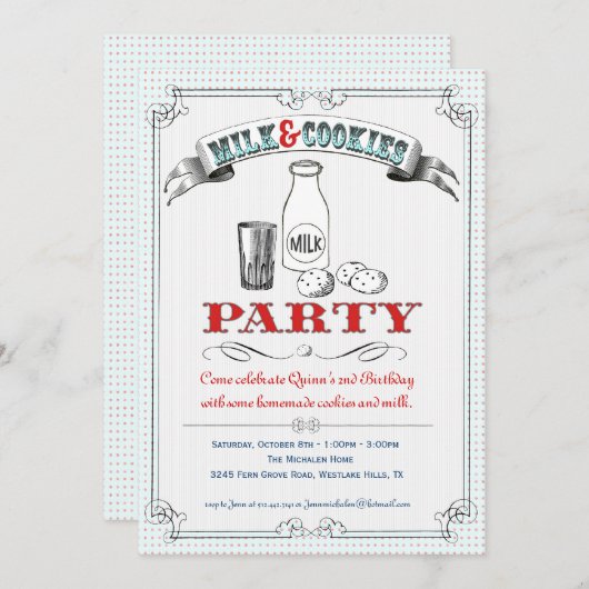 Uitnodiging van de partij Melk en Cookies (Voorkant / Achterkant)