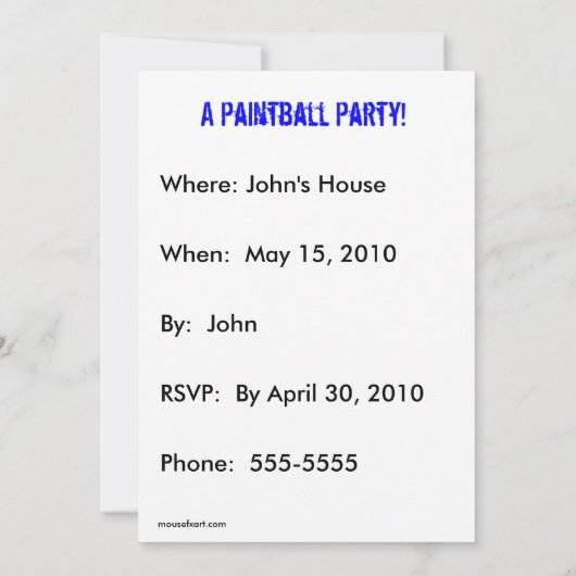 Uitnodiging van de partij Paintball (Achterkant)