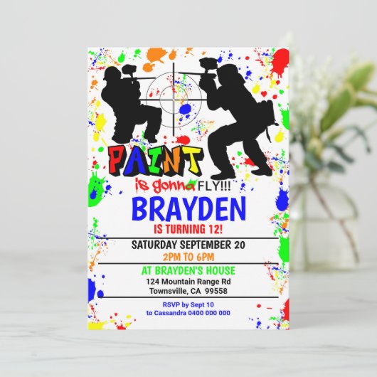 Uitnodiging van de partij Paintball (Staand voorkant)