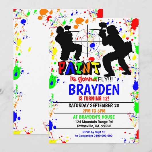 Uitnodiging van de partij Paintball (Voorkant / Achterkant)
